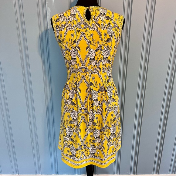 Max Studio Sleeveless Dress Full Skirt Yellow with Black & White Floral Pattern - Picture 4 of 11